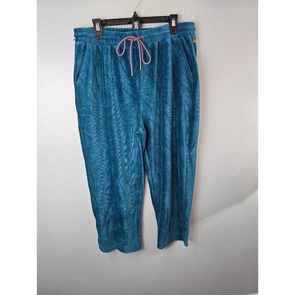 Matilda Jane Pants - Matilda Jane Pants Women's L Teal Velour Ribbed Pull Wide Leg Cropped Artsy Fun